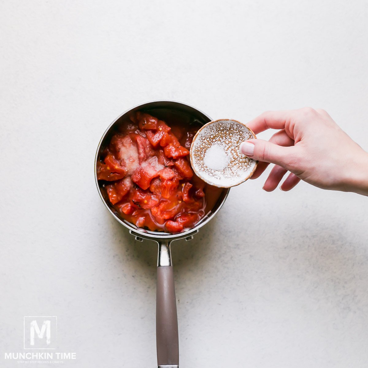 Diced tomatoes inside the sauce pan and seasoned with garlic salt.