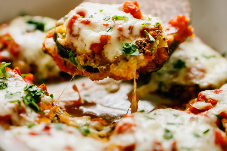 Baked eggplant Parmesan with tomato sauce and delicious cheese.