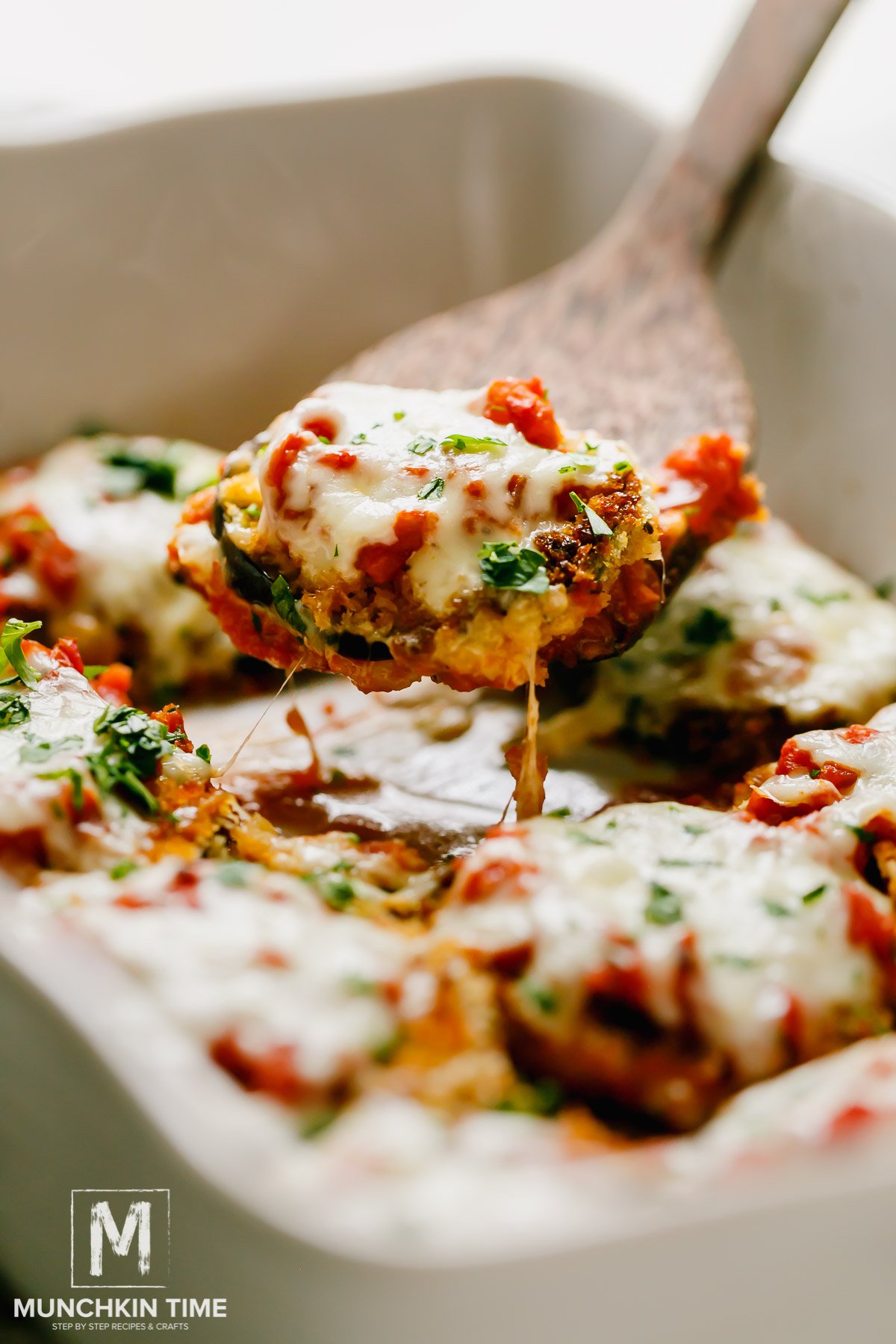 Baked eggplant Parmesan with tomato sauce and delicious cheese. 