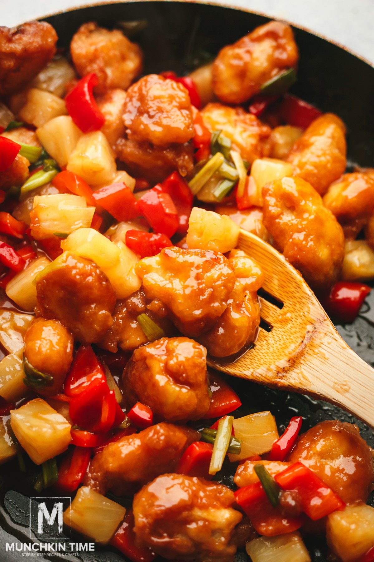 Sweet and Sour Chicken with Pineapple and Peppers is ready to be served.