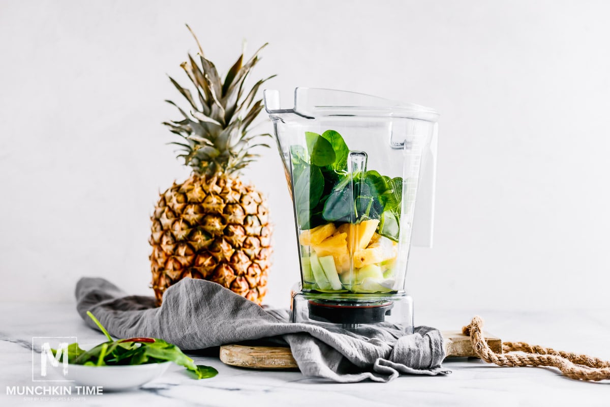 Green Smoothie Recipe with pineapple, melon and collagen powder.