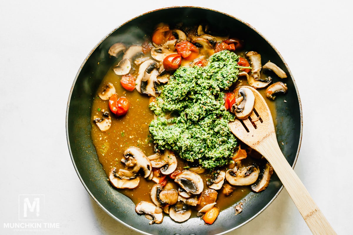 Homemade pesto added to the mushroom pasta sauce.