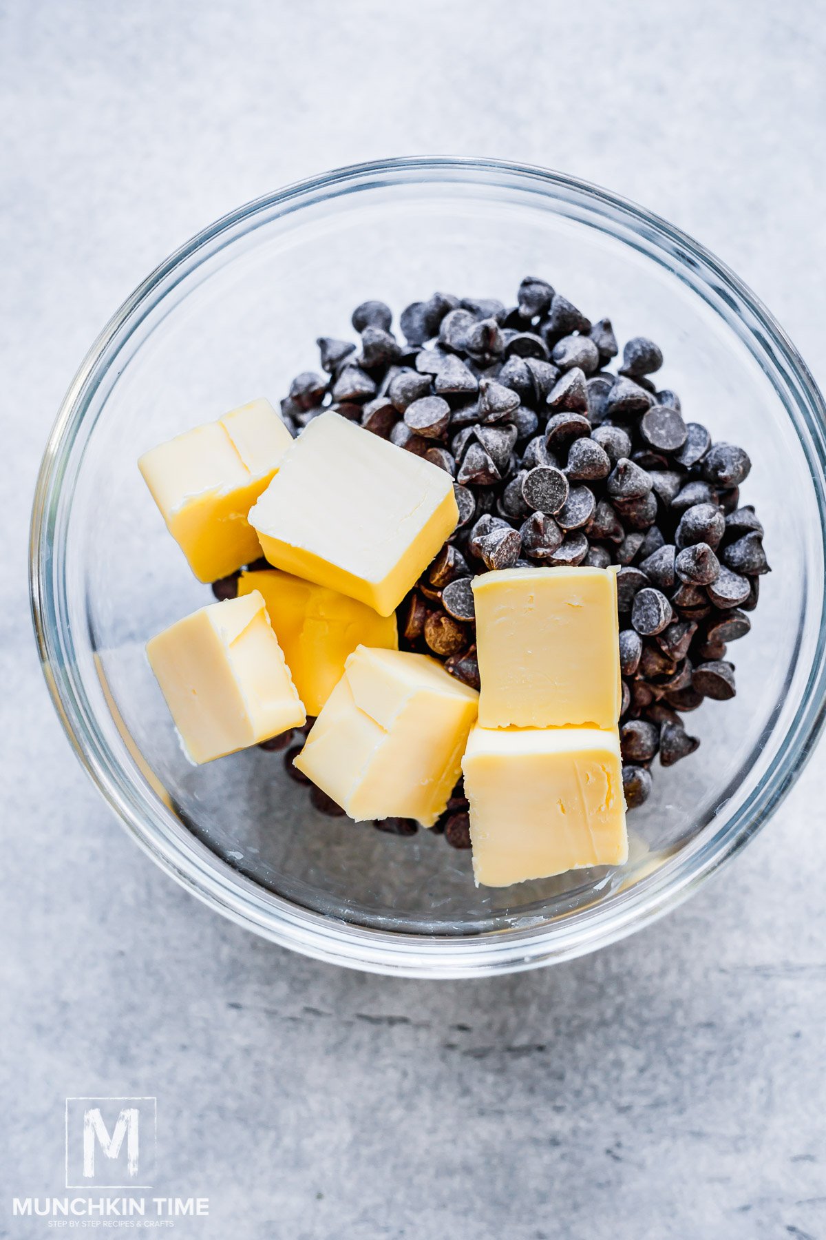 butter and chocoalte chips in a bowl.