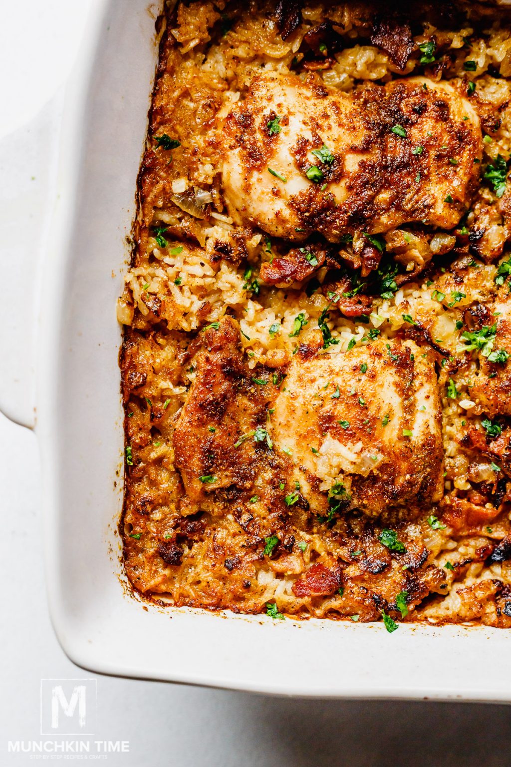Easy Chicken Thighs and Rice Casserole Recipe - Munchkin Time