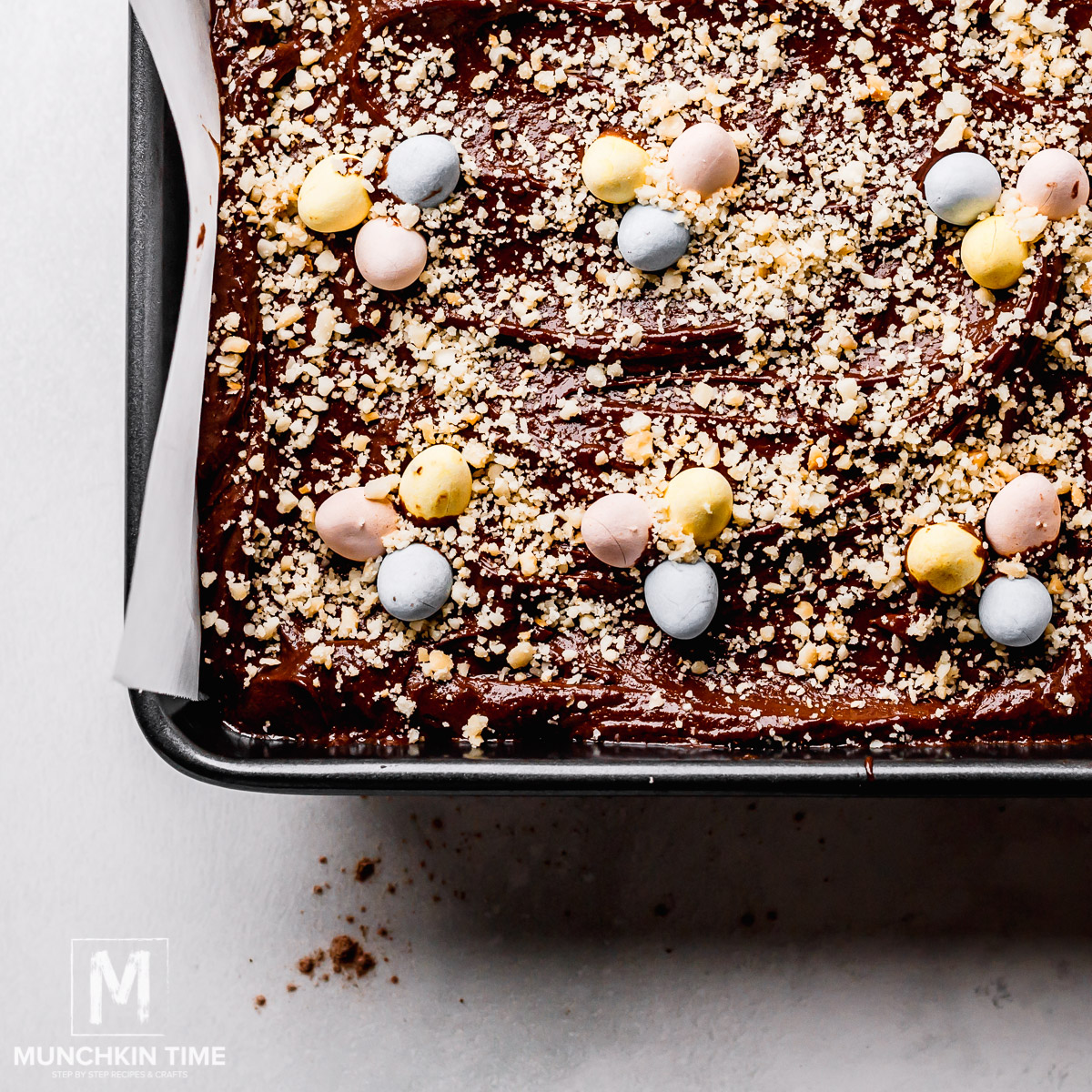  Chocolate Brownie Recipe with Easter eggs chocolate candy.