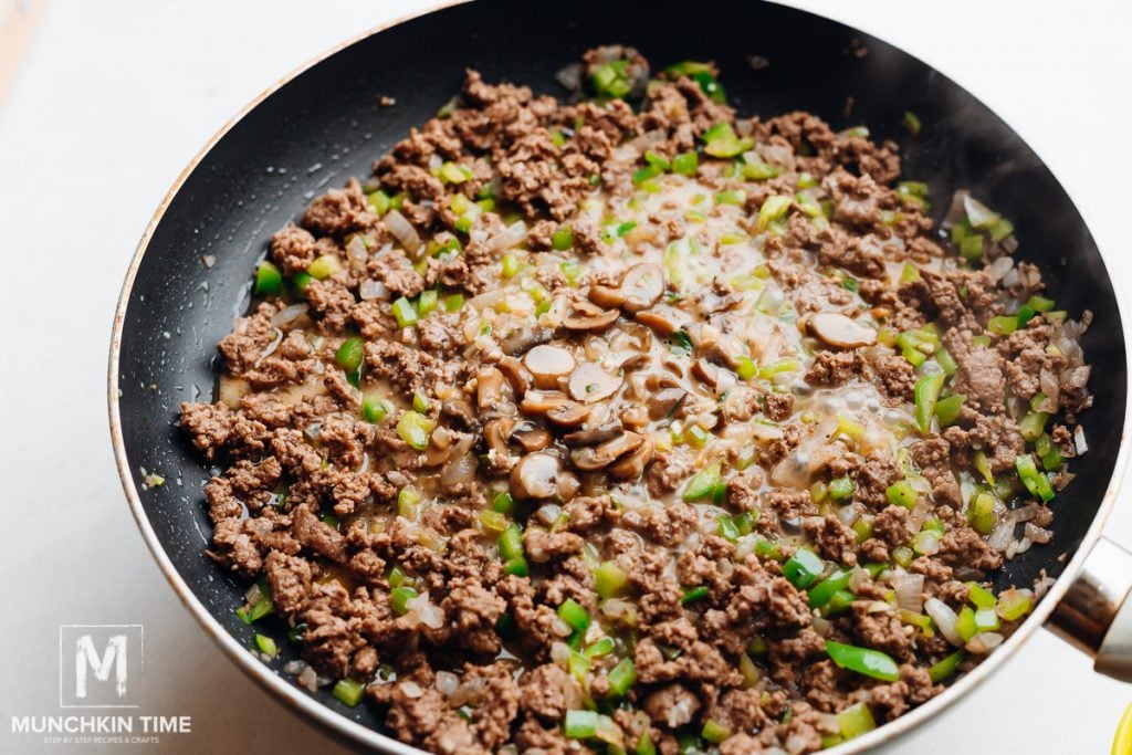 Cream of mushroom soup added to the beef mixture.