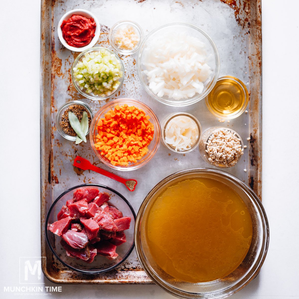 Ingredients to make barley and beef soup.