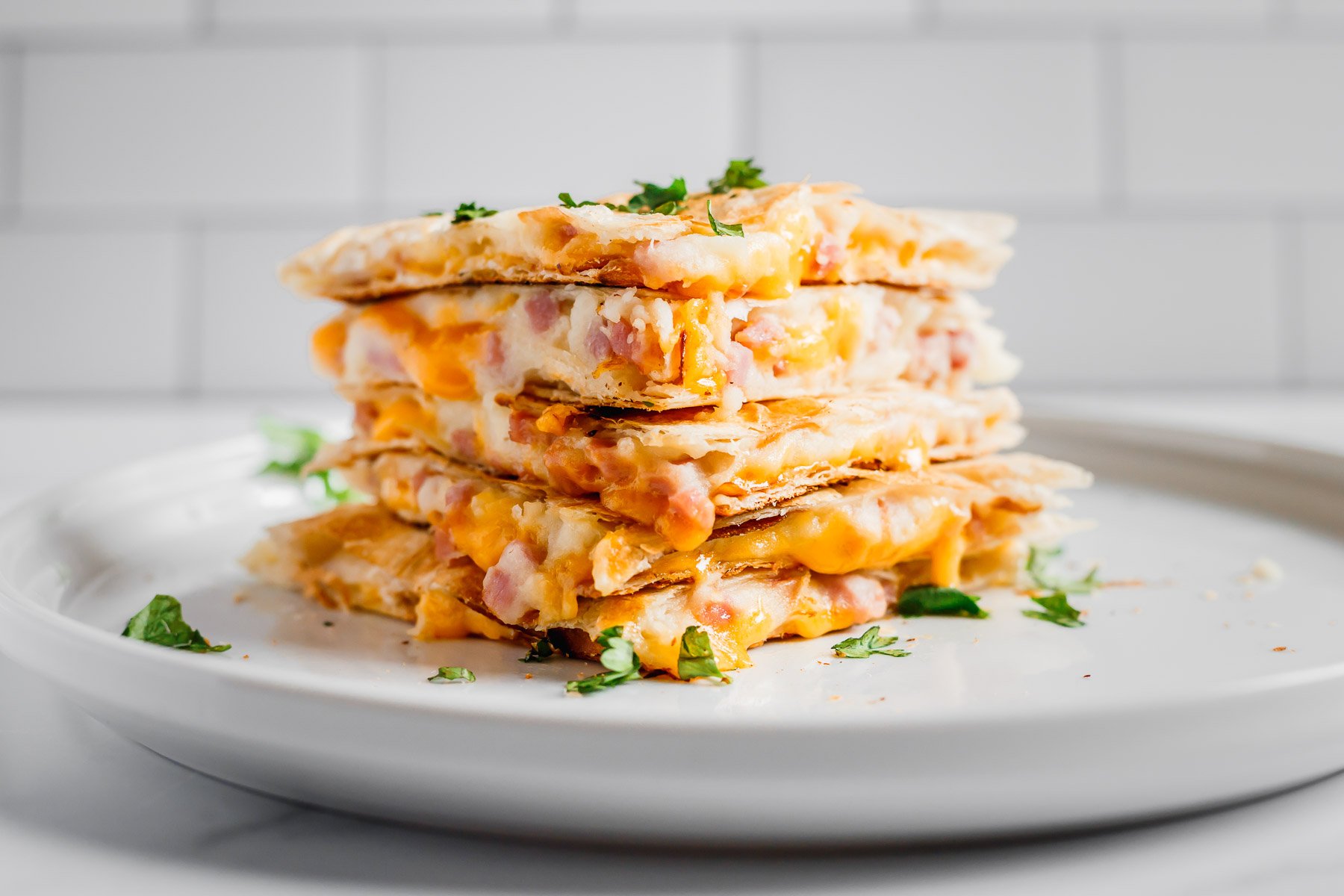 Quesadilla with cheese ham and mashed potatoes.