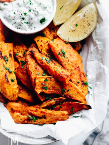 Baked Sweet Potato Wedges with Tzatziki Sauce