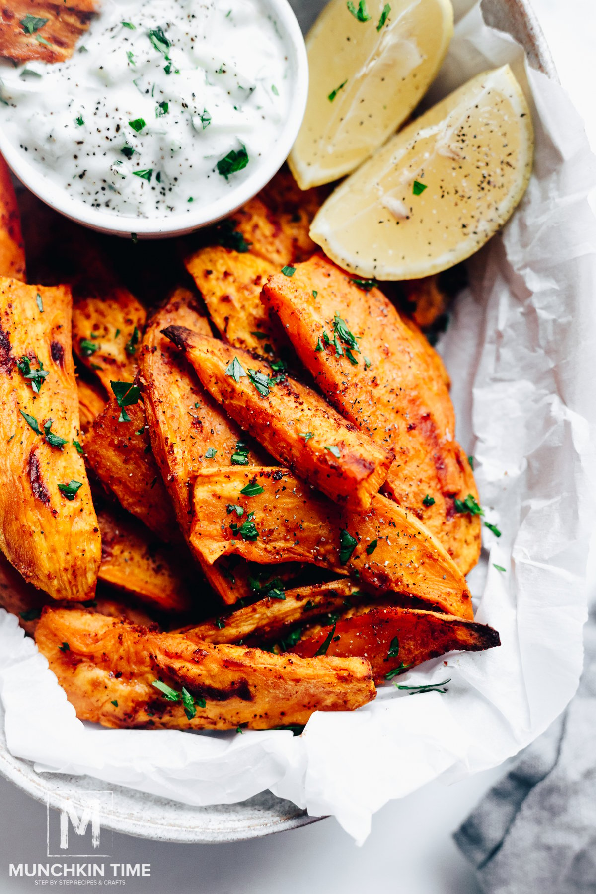 Baked Sweet Potato Wedges with Tzatziki Sauce