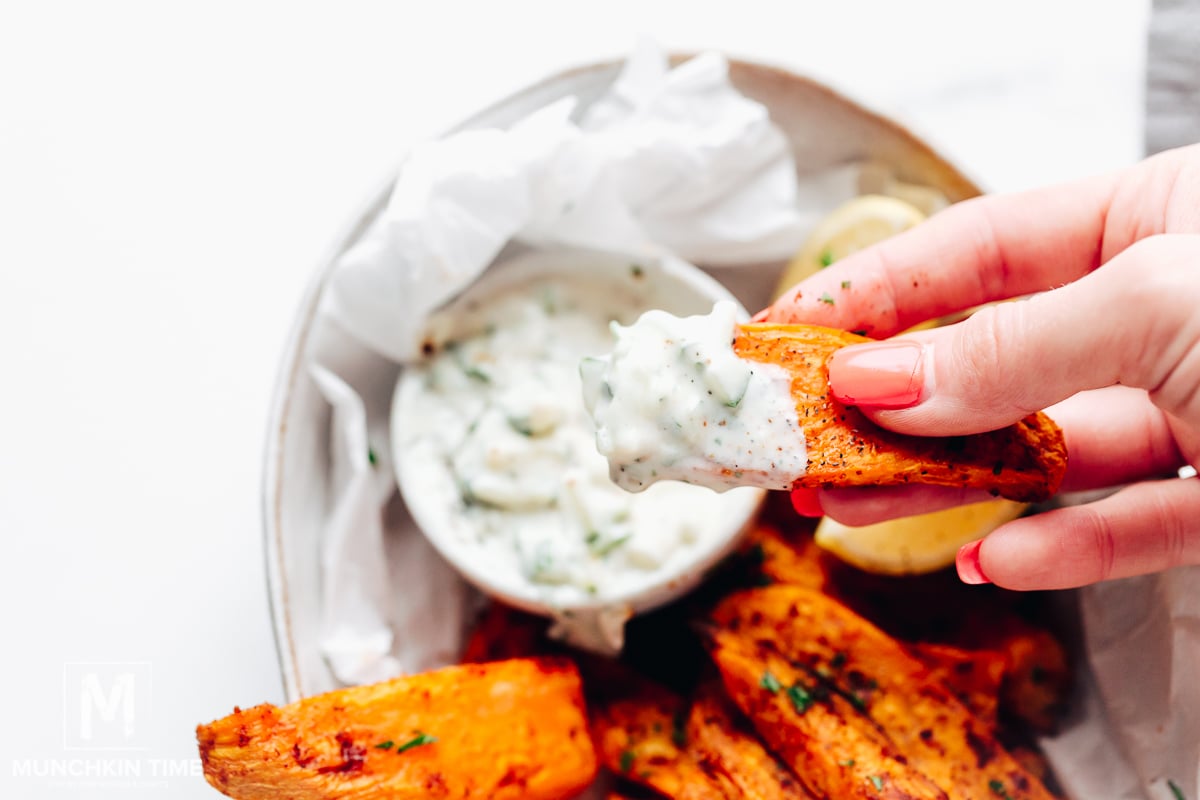 Roasted Sweet Potatoes with Dairy Free Tzatziki Sauce