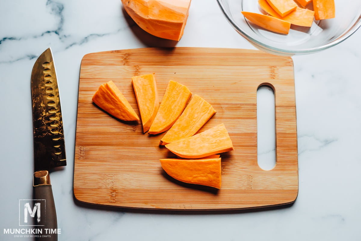 How to cut sweet potatoes to make wedges.