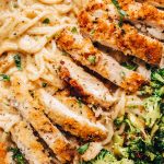 Easy chicken alfredo with pasta in creamy sauce.