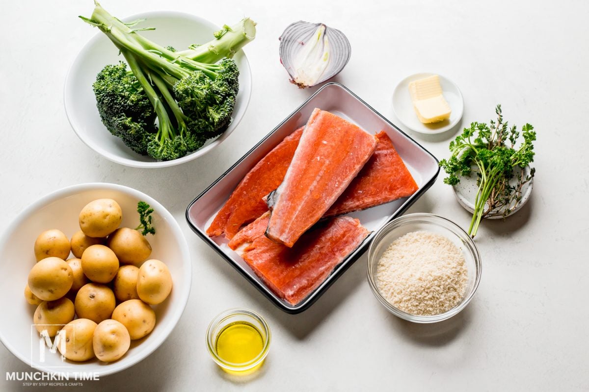 Ingredients for baked crusted salmon with vegetables