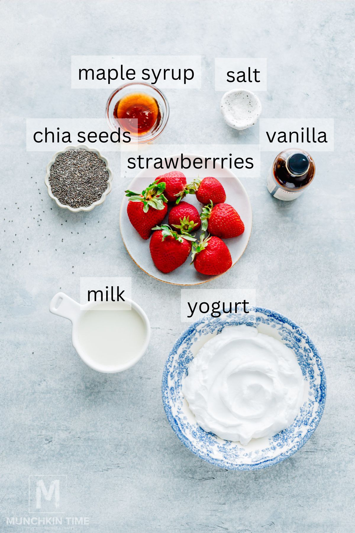 A flat lay of ingredients labeled as maple syrup, salt, vanilla, chia seeds, strawberries, milk, and yogurt arranged on a light surface.