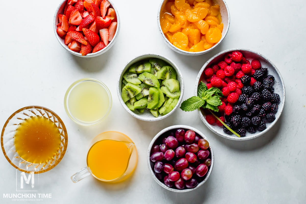 My healthy fruit salad is dressed in a simple fruit juice