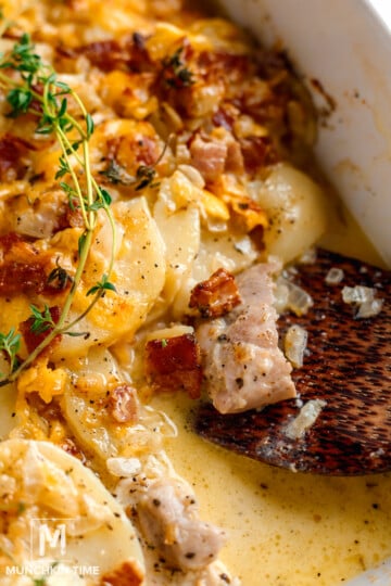 This chicken bacon potato casserole is made with juicy seasoned chicken, tender bites of potato, and crispy bacon coated in a cheese sauce and topped with even more cheese!