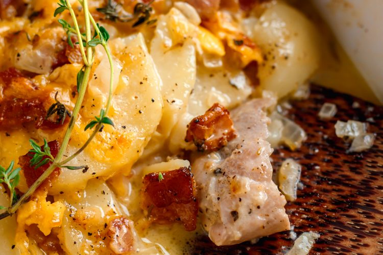 This chicken bacon potato casserole is made with juicy seasoned chicken, tender bites of potato, and crispy bacon coated in a cheese sauce and topped with even more cheese!