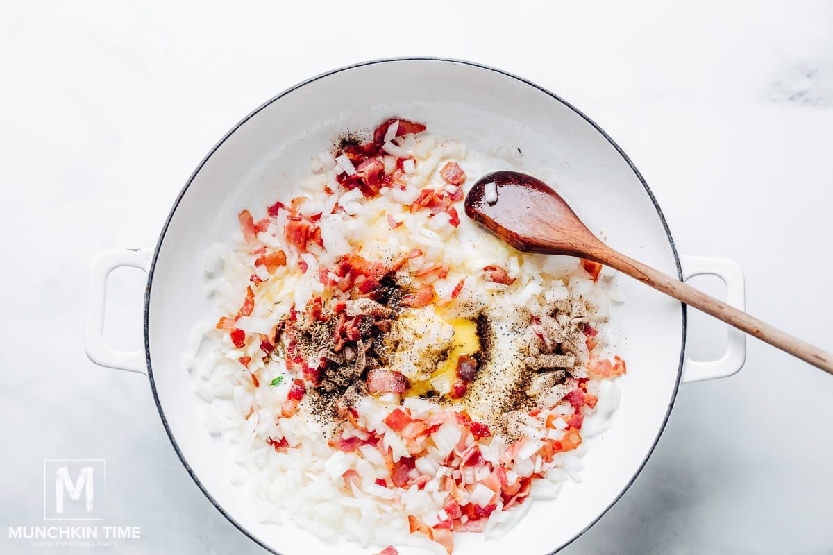 Add whipping cream, pepper, thyme, and salt into the skillet and bring to a gentle boil.