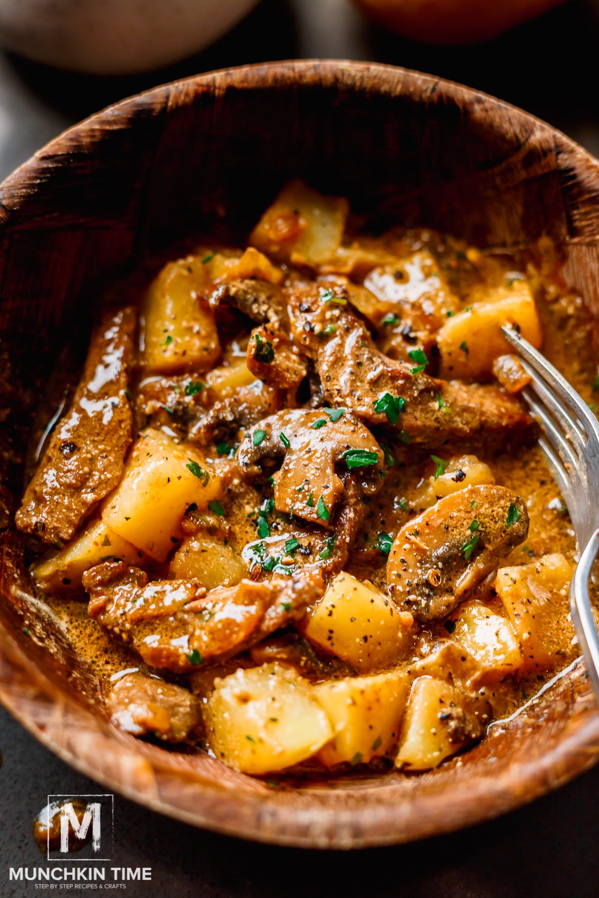 boiled cubed golden potatoes with beef stroganoff