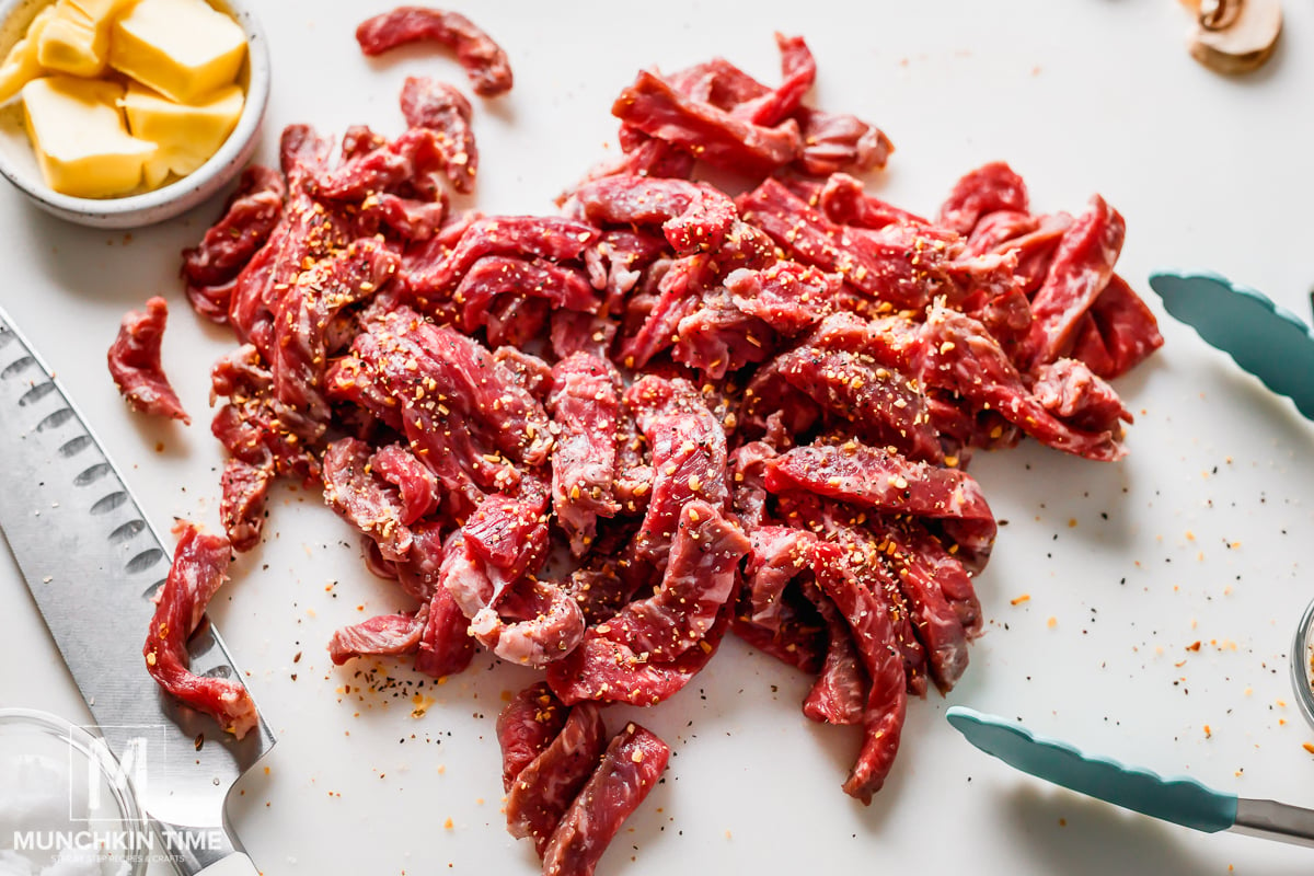 How to Make Beef Stroganoff, sliced steak strips seasoned with spices