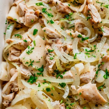 Beshbarmak - pasta and chicken in a casserole dish