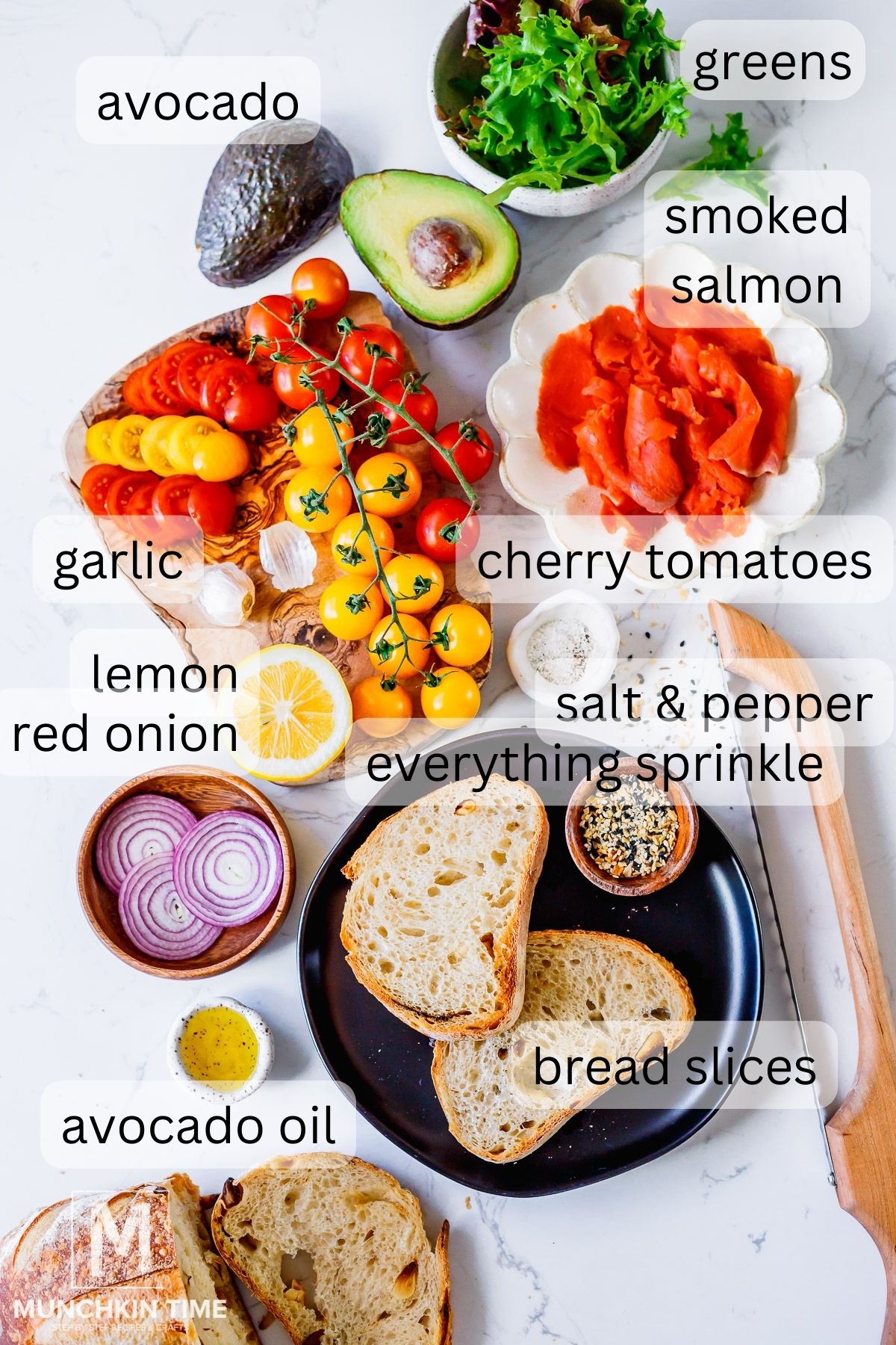 Avocado Toast Ingredients on the table with each ingredient labeled