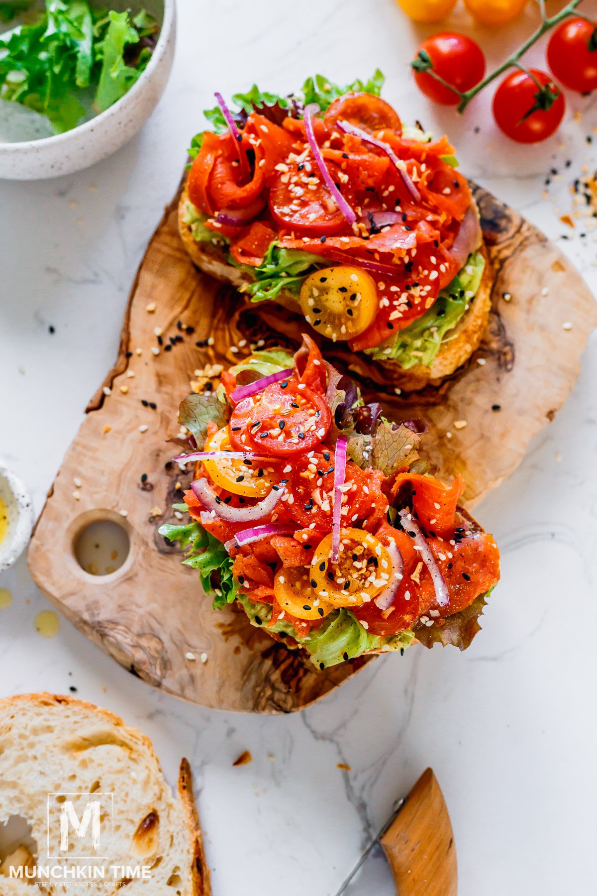 2 Smoked Salmon Avocado Toasts with Cherry Tomatoes