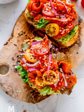 2 Smoked Salmon Avocado Toasts with Cherry Tomatoes