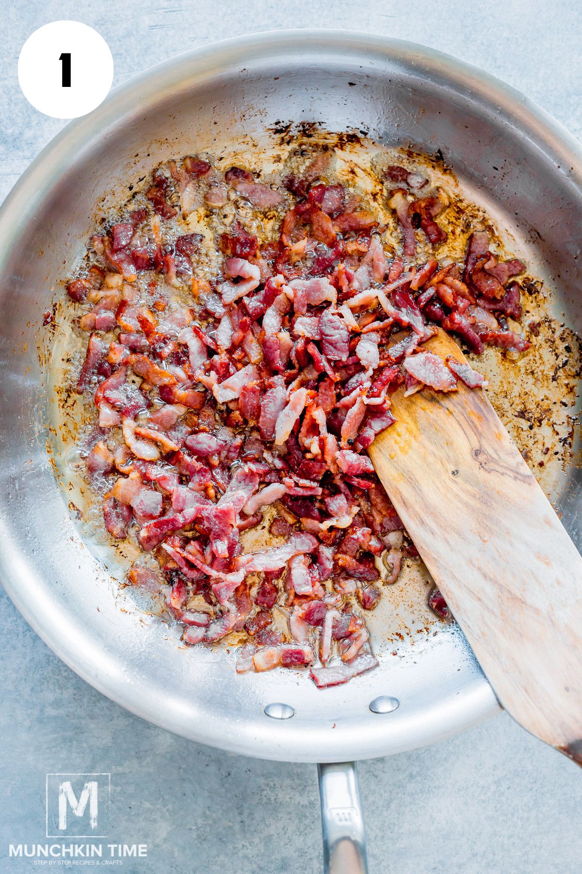sliced bacon cooked in a skillet.