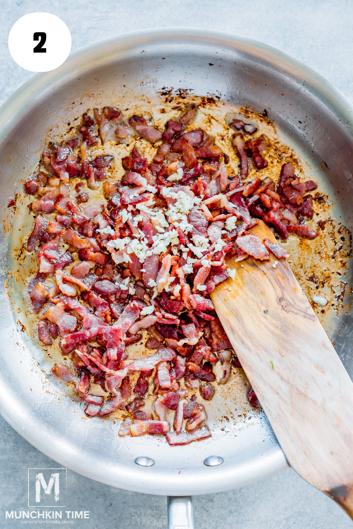 finely chopped garlic added to cooked bacon.