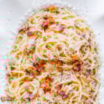 Super delicious Pasta Carbonara ona platter.