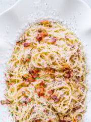 Super delicious Pasta Carbonara ona platter.