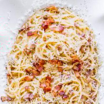 Super delicious Pasta Carbonara ona platter.
