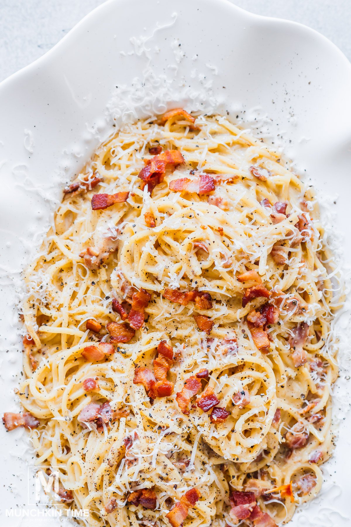 Super delicious Pasta Carbonara ona platter.