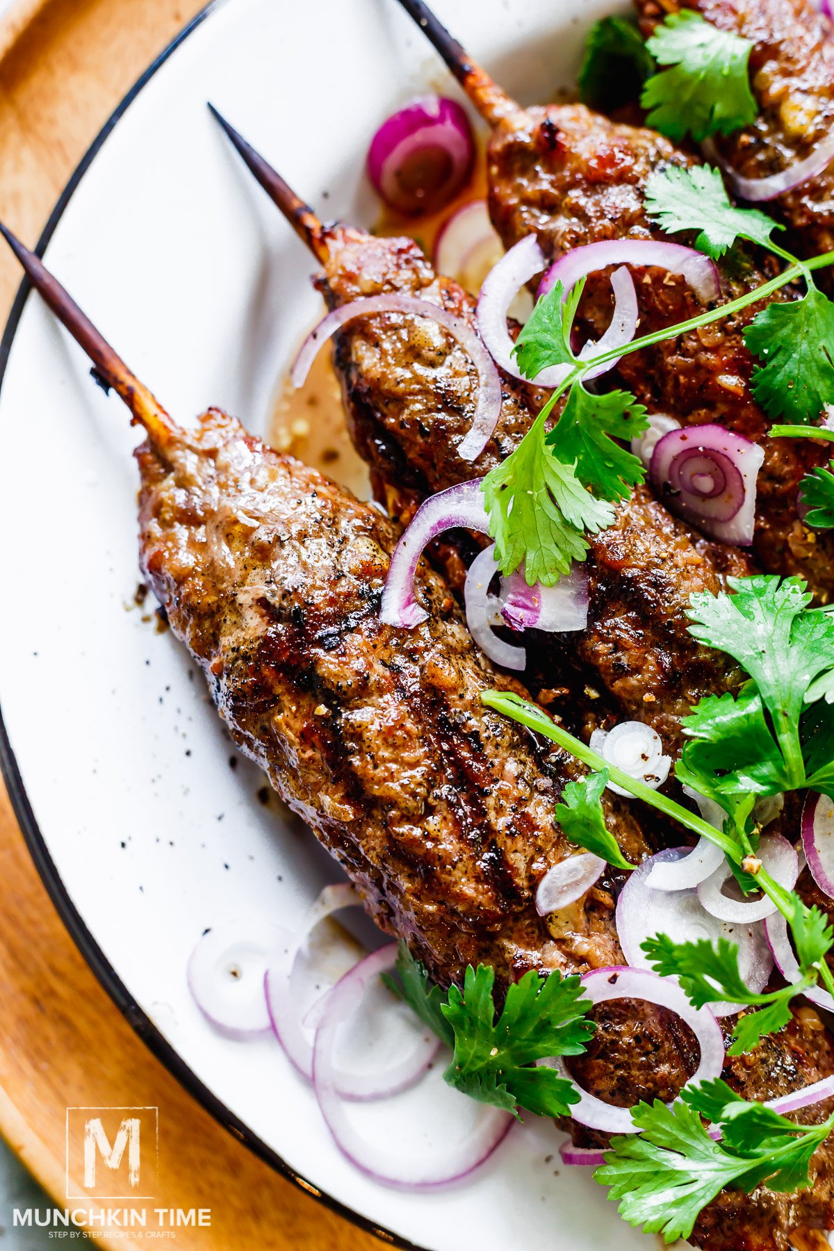 Georgian Ground Beef Kebabs on a plate garnished with red onion and cilantro.