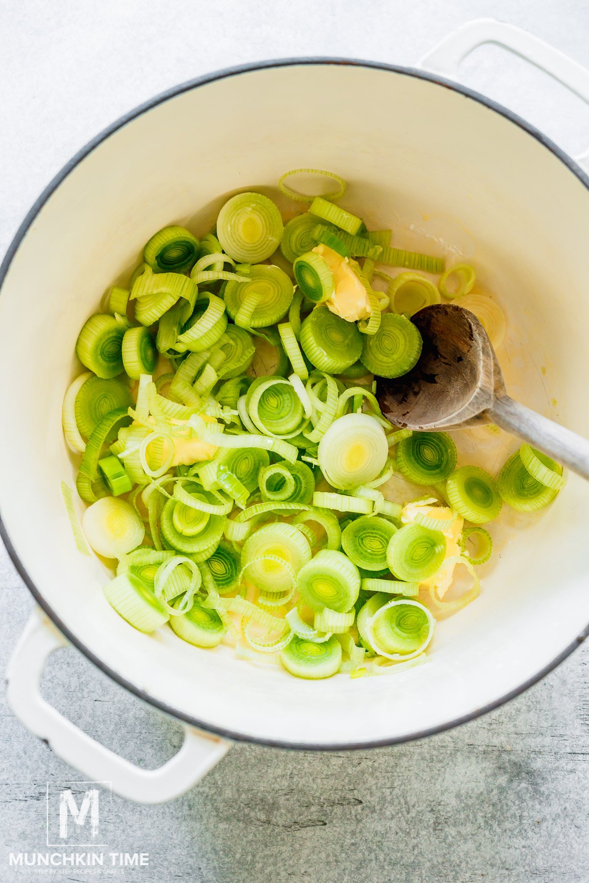 leeks cooking in a pot with butter.
