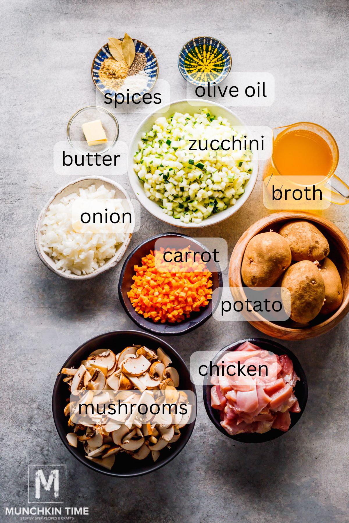 ingredients to make chicken stew with zucchini.