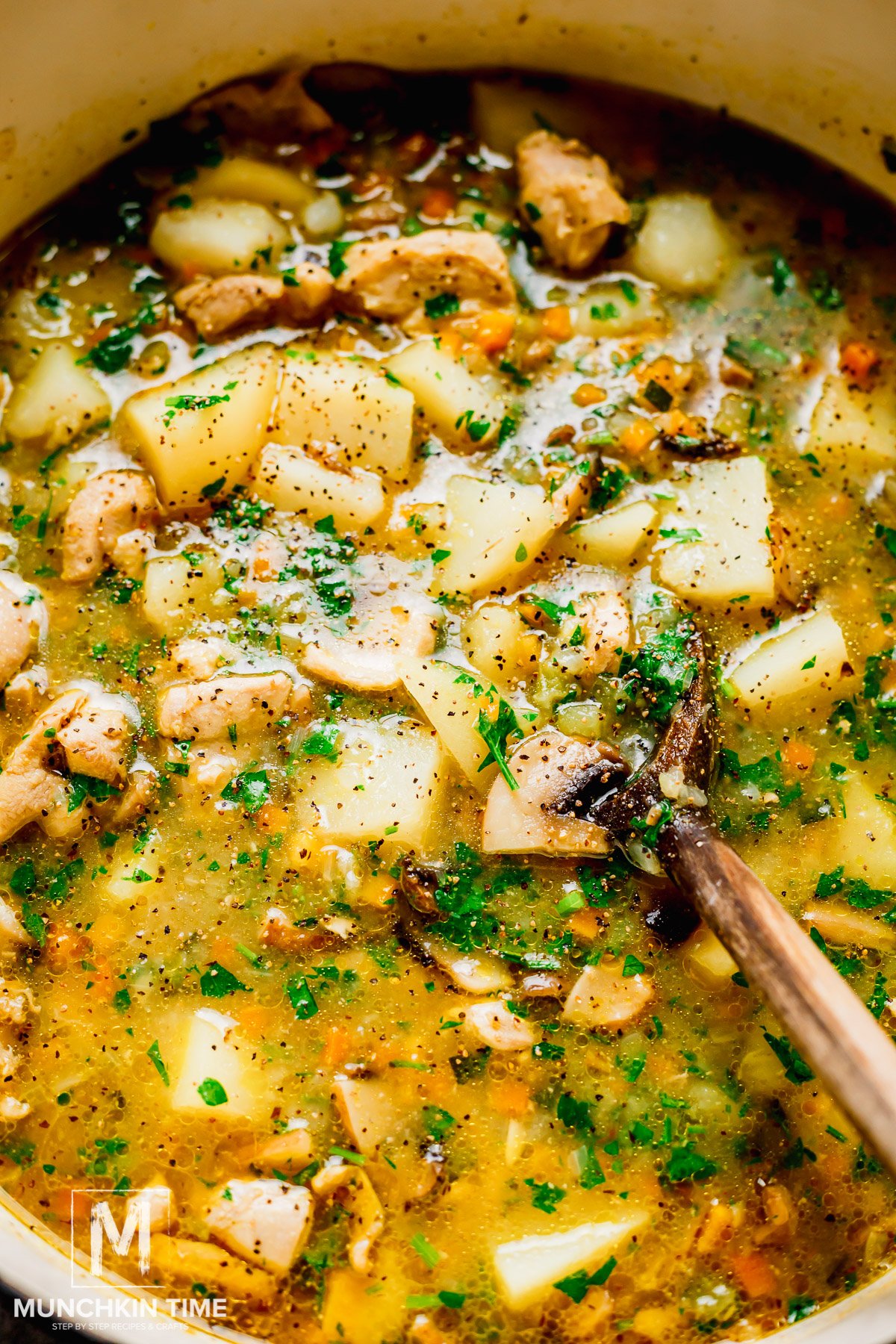 easy chicken stew recipe with zucchini done cooking in the dutch oven.