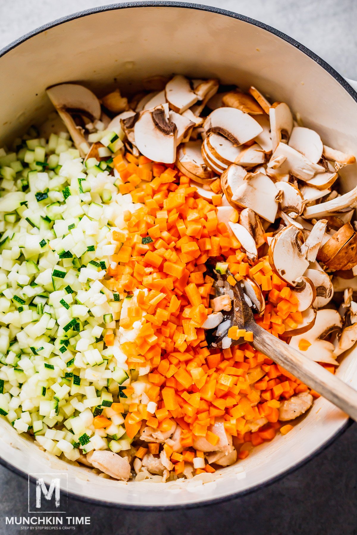 Cubed zucchini, carrot and sliced mushrooms added to the pot with cooked chicken and onion.