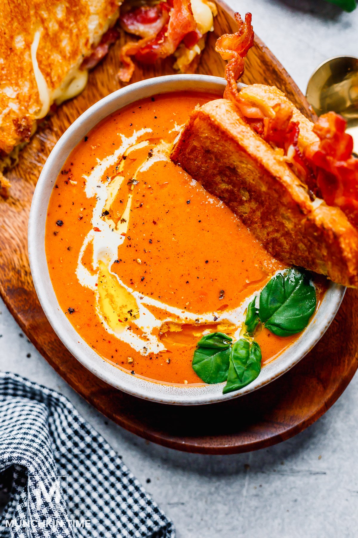 Creamy Tomato Bisque Soup with bacon grilled cheese sandwich. 