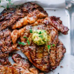 Grilled Ribeye with garlic butter on top.