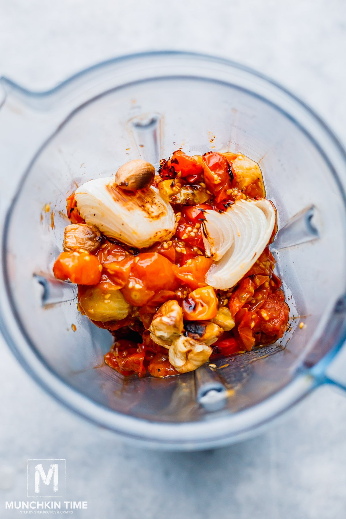 roasted tomatoes and onion with garlic added to the blender.