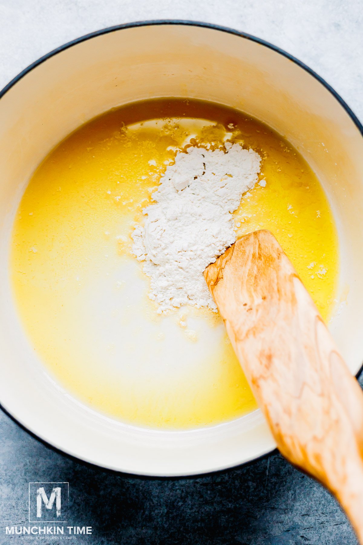 flour added to the melted butter in the pot.