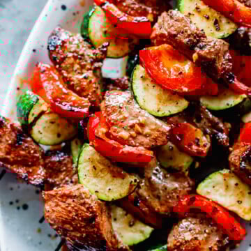 closer shot of grilled Beef Kebabs on a platter.