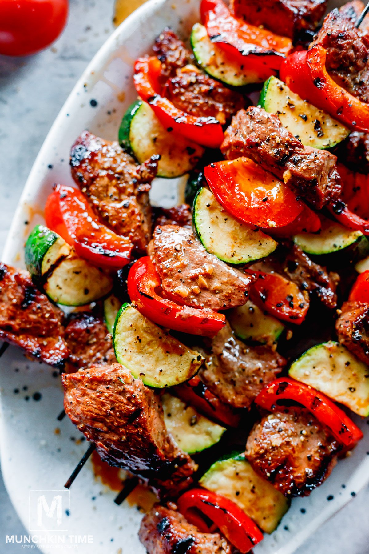 closer shot of grilled Beef Kebabs on a platter.