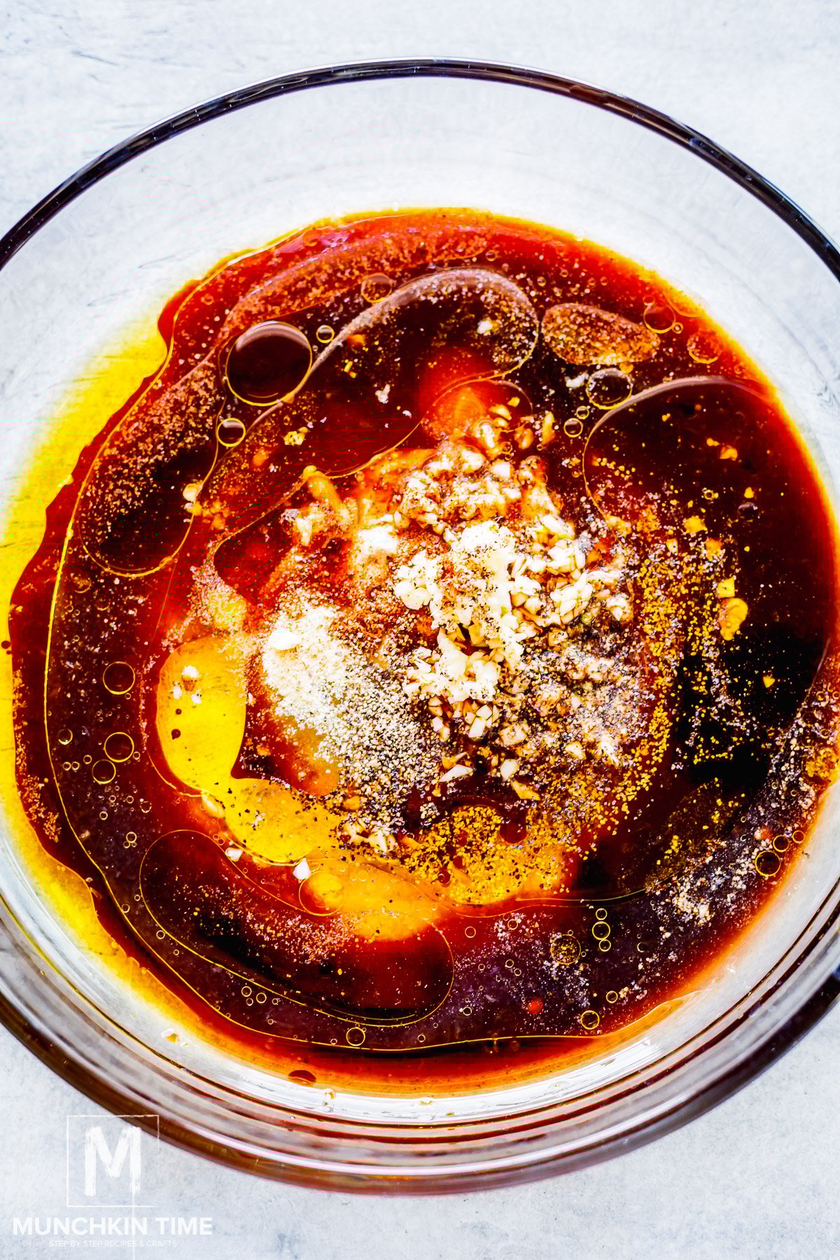 the marinade ingredients in a large glass mixing bowl.