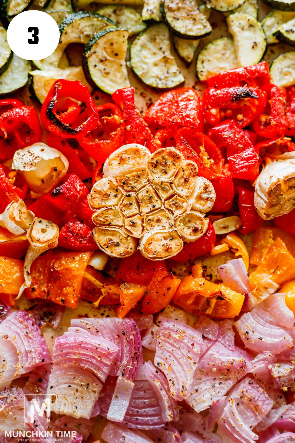 veggies done roasting on a baking sheet.