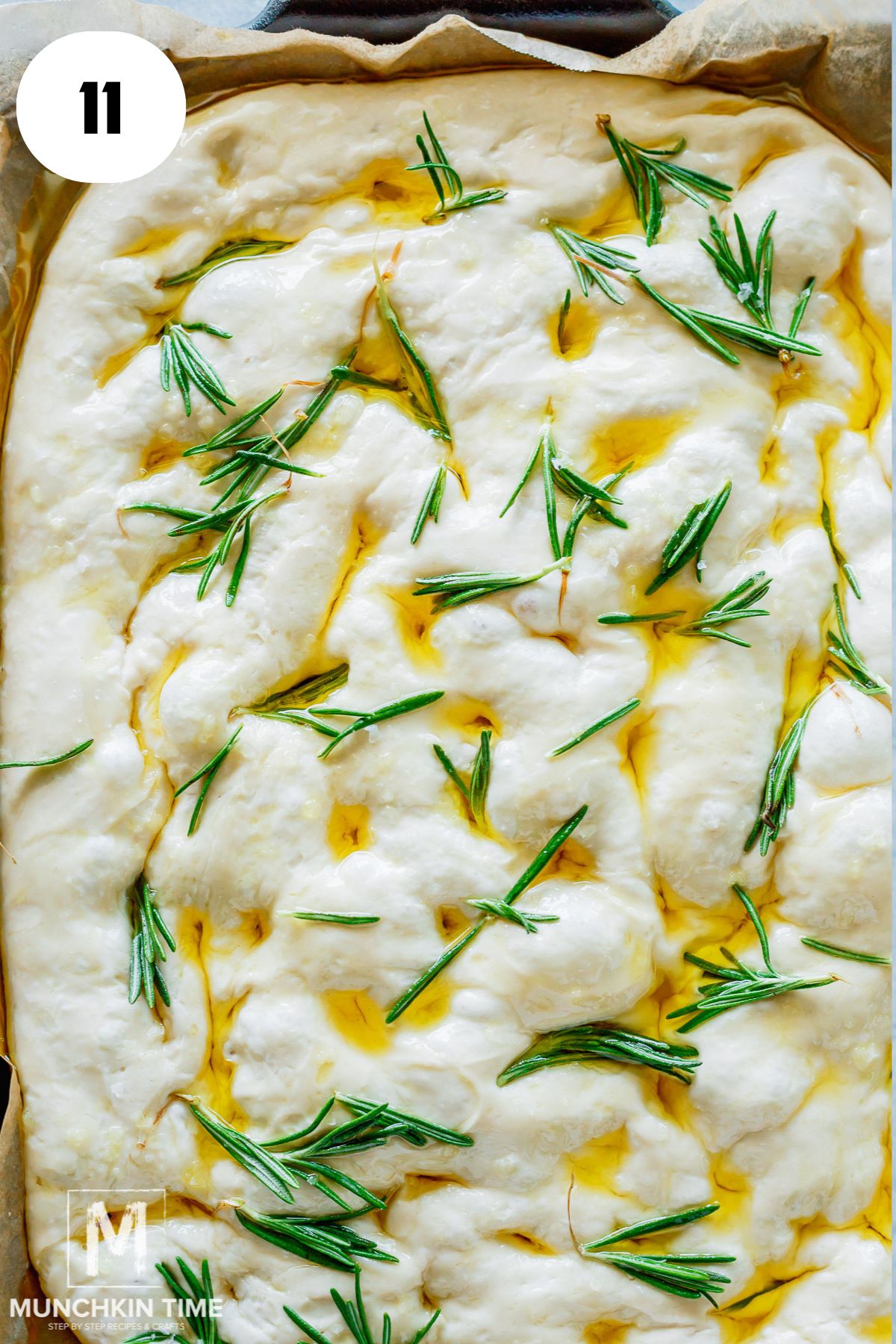 Same Day Sourdough Focaccia dough on a baking sheet garnished with oil and rosemary before baking.