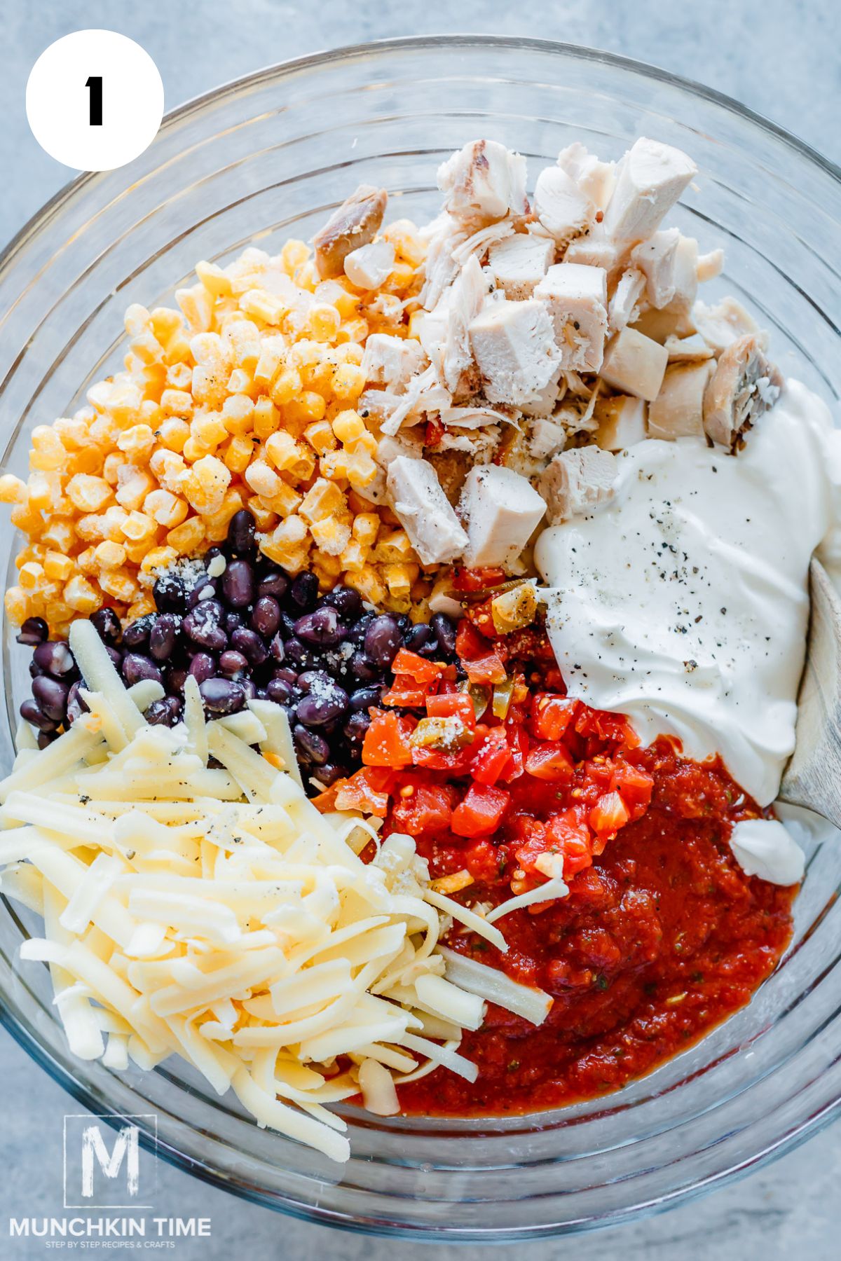 In a large mixing bowl, combine the chicken, rice, beans, corn, tomatoes, salsa, sour cream, and cheddar cheese.